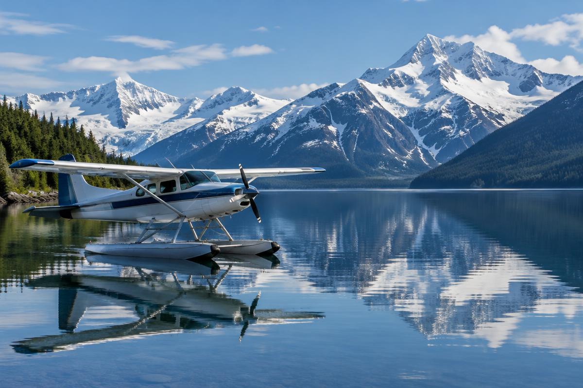 Floatplane on a calm Alaska lake
