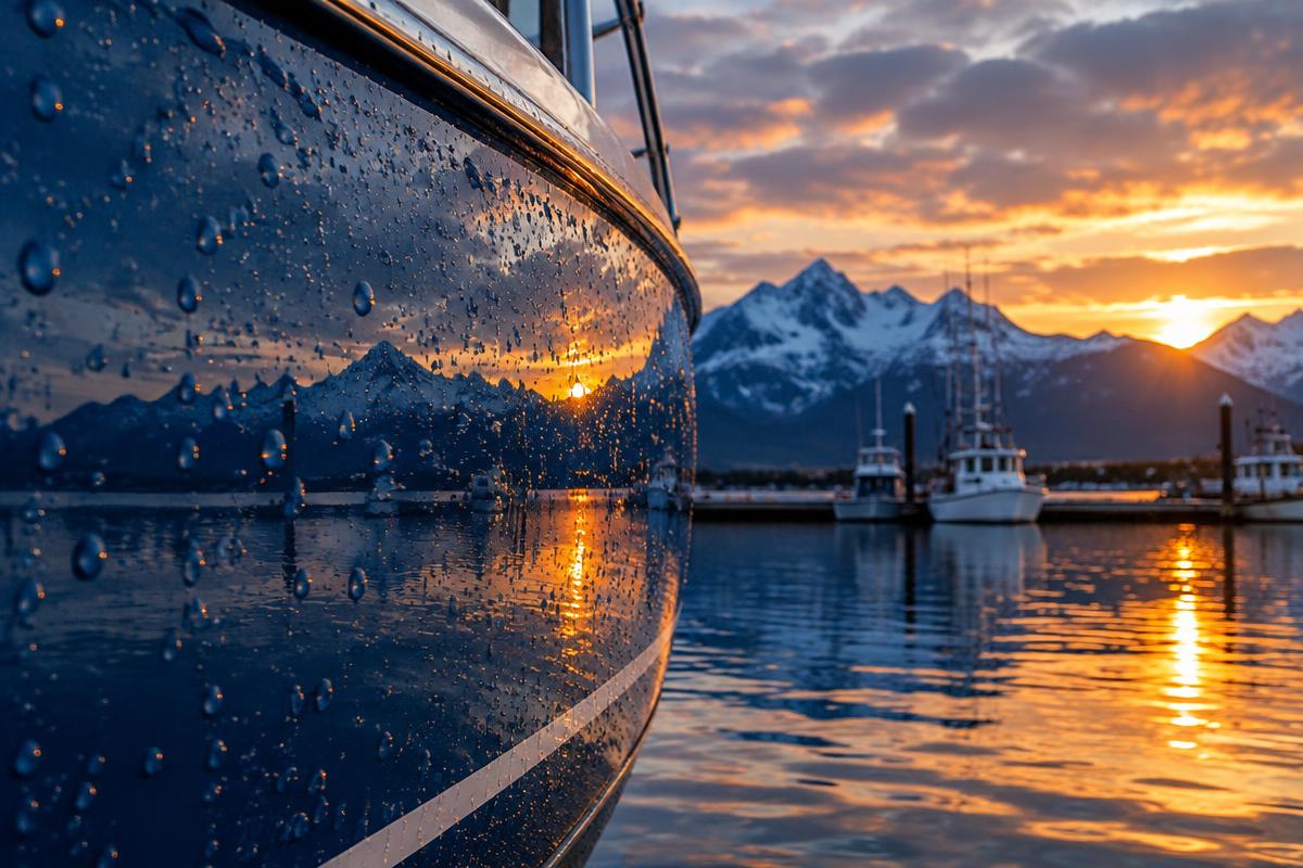 Glossy boat hull at an Alaska harbor at sunset