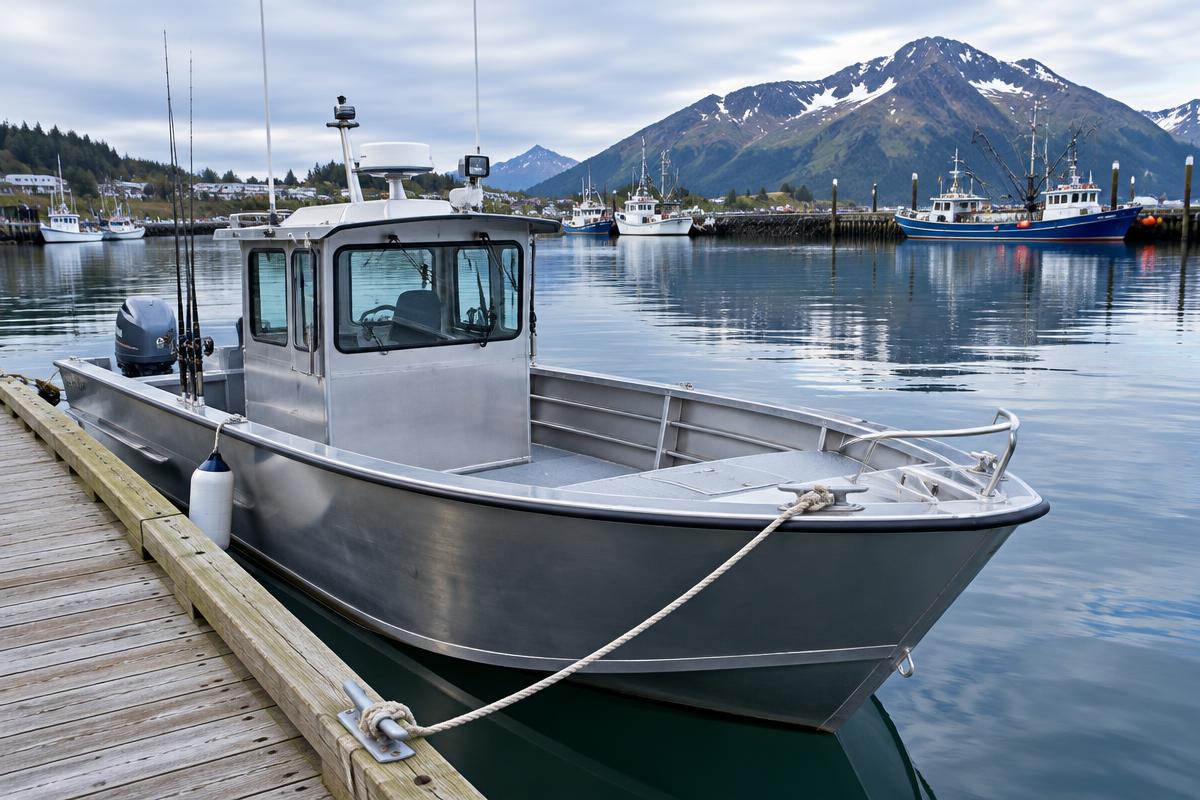 Aluminum fishing boat tied at a harbor dock