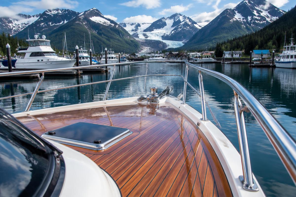 Teak deck and stainless railings on a cruiser