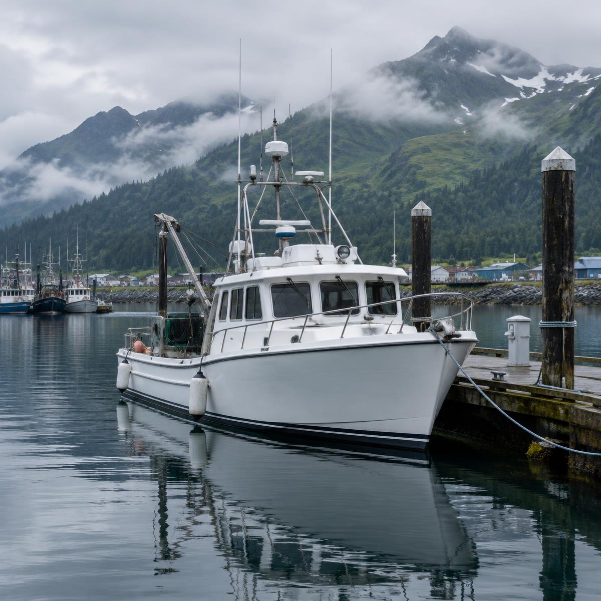 White boat moored at an Alaska harbor